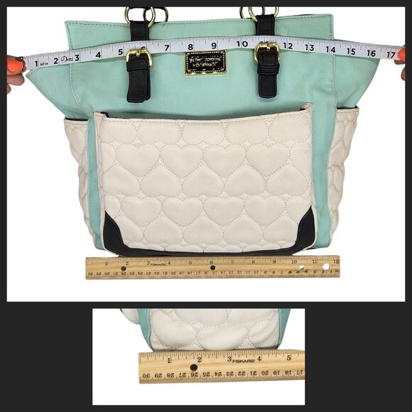 Betsey Johnson Purse Handbag Blue White Quilted Hearts Large Y2k 2000s Black - Picture 10 of 13